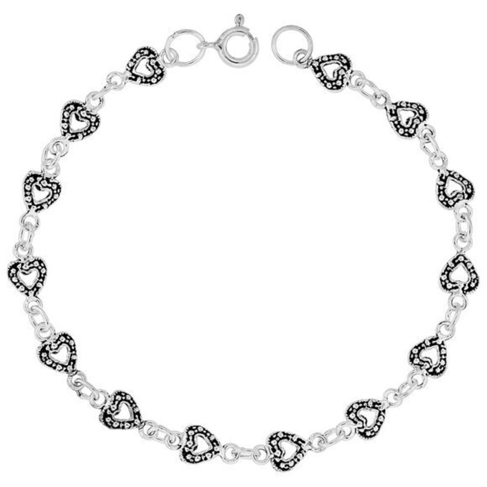 Dainty Sterling Silver Hearts Bracelet for Women and Girls, 1/4 wide 7.5 inch lo